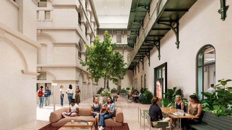 Students using Treasury building courtyard sitting space