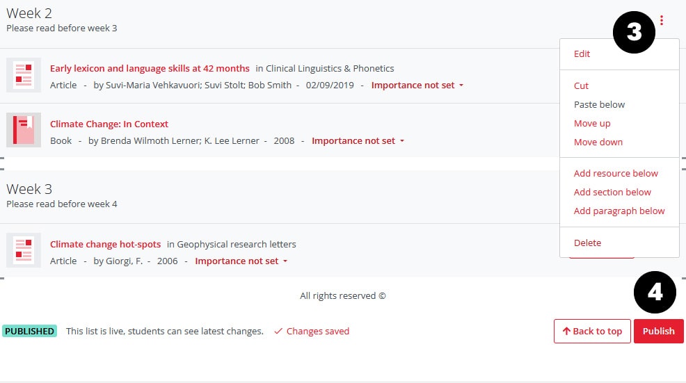 Edit section menu and publish