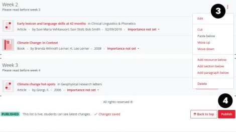 Edit section menu and publish