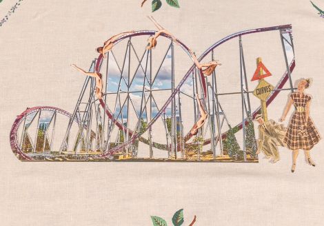 Leisa Turner, Warning Curves Ahead, 2020, Found textile, cotton embroidery thread, stop-motion animation video 34 sec looped 129 x 170 cm