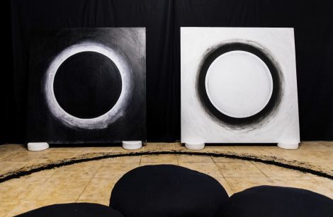 Adrienne Piscopo, Void viii, and Void ix, 2020, Plyboard, house paint, gesso, acrylic paint, charcoal, and chalk pastel. 1.2 m x 1.2 m each. Image documentation as part of the immersive installation, titled Between two worlds