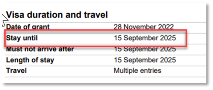 Screenshot of a visa document highlighting the "stay until" date